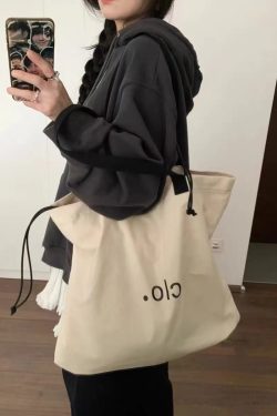 Large Capacity Canvas Drawstring Tote Bag for Commuting, Fresh Korean Style Minimalist Design with Letter Print