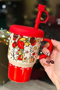 Large Capacity Ceramic Mug with Lid and Straw - Cute Summer Drinkware for Water, Coffee, and Iced Beverages