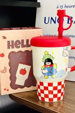 Large Capacity Ceramic Mug with Lid and Straw - Cute Summer Drinkware for Water, Coffee, and Iced Beverages