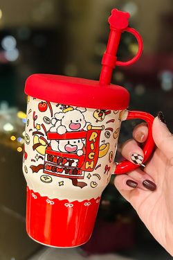 Large Capacity Ceramic Mug with Lid and Straw - Cute Summer Drinkware for Water, Coffee, and Iced Beverages