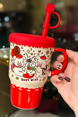 Large Capacity Ceramic Mug with Lid and Straw - Cute Summer Drinkware for Water, Coffee, and Iced Beverages