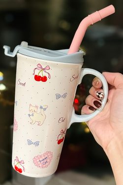 Large Capacity Ceramic Mug with Lid and Straw - Cute Summer Drinkware for Water, Coffee, and Iced Beverages