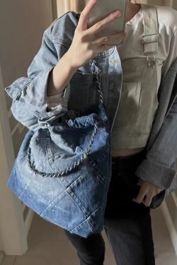 Large Capacity Denim Commuter Tote Bag with Chain Shoulder Strap - Stylish Autumn Winter Cloth Bag for Women