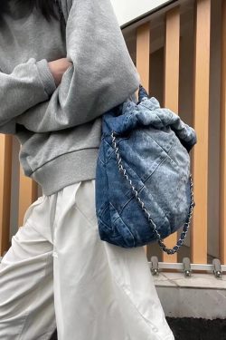 Large Capacity Denim Commuter Tote Bag with Chain Shoulder Strap - Stylish Autumn Winter Cloth Bag for Women