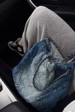 Large Capacity Denim Commuter Tote Bag with Chain Shoulder Strap - Stylish Autumn Winter Cloth Bag for Women