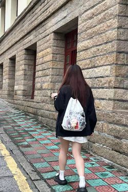 Large Capacity Drawstring Backpack - Versatile Cartoon Design, Transparent Nylon Canvas Bag for Commuting and School