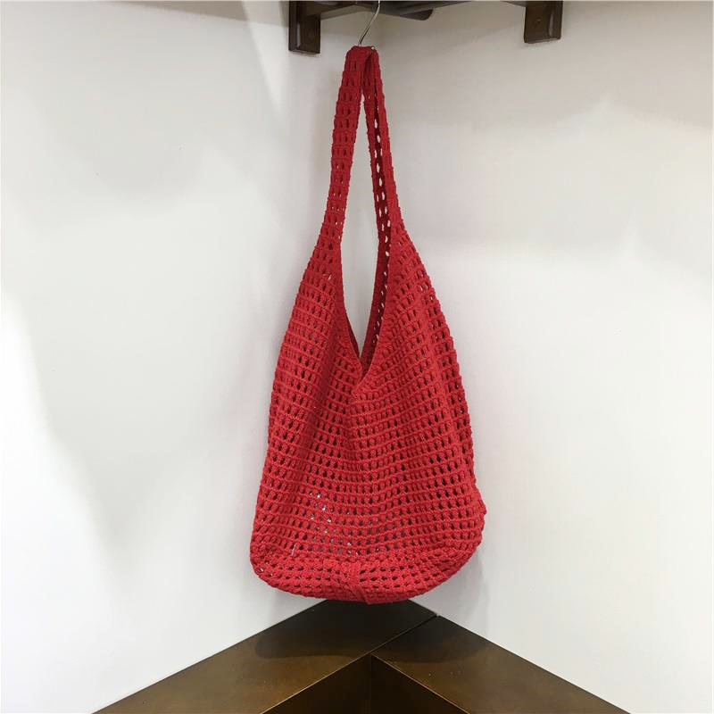 Large Capacity Hollow Mesh Net Tote Bag - Fashionable Knitted Woven Shoulder Bag for Summer, Lazy Style, Trendy Ins Aesthetic Large Capacity Hollow Mesh Net Tote Bag - Fashionable Knitted Woven Shoulder Bag for Summer, Lazy Style, Trendy Ins Aesthetic