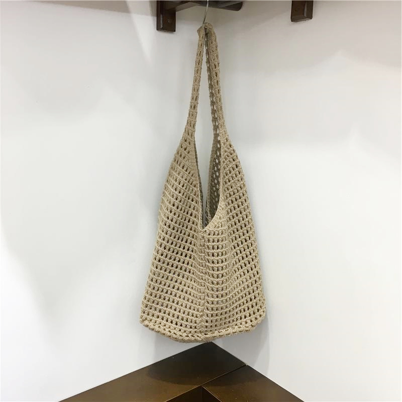 Large Capacity Hollow Mesh Net Tote Bag - Fashionable Knitted Woven Shoulder Bag for Summer, Lazy Style, Trendy Ins Aesthetic Large Capacity Hollow Mesh Net Tote Bag - Fashionable Knitted Woven Shoulder Bag for Summer, Lazy Style, Trendy Ins Aesthetic