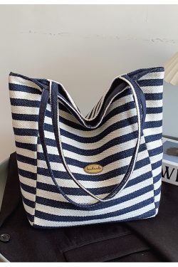 Large Capacity Minimalist Striped Canvas Tote Bag for Women - Ins Literary Lazy Style Spring/Summer Shoulder Bag