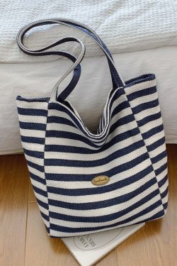Large Capacity Minimalist Striped Canvas Tote Bag for Women - Ins Literary Lazy Style Spring/Summer Shoulder Bag