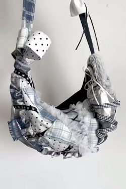 Large Capacity Patchwork Dumpling Lace Polka Dot Canvas Tote Bag for Students, Bow Detail Single Shoulder Crossbody Style