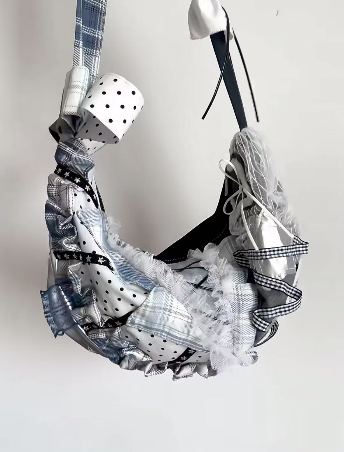 Large Capacity Patchwork Dumpling Lace Polka Dot Canvas Tote Bag for Students, Bow Detail Single Shoulder Crossbody Style Large Capacity Patchwork Dumpling Lace Polka Dot Canvas Tote Bag for Students, Bow Detail Single Shoulder Crossbody Style