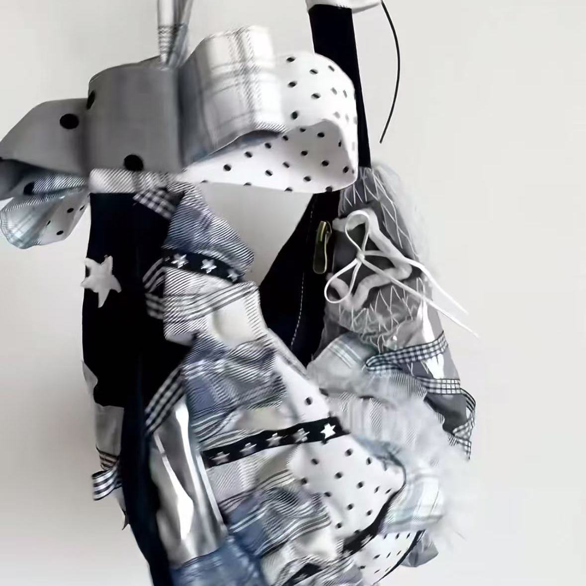 Large Capacity Patchwork Dumpling Lace Polka Dot Canvas Tote Bag for Students, Bow Detail Single Shoulder Crossbody Style Large Capacity Patchwork Dumpling Lace Polka Dot Canvas Tote Bag for Students, Bow Detail Single Shoulder Crossbody Style