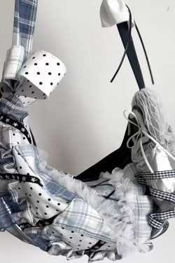 Large Capacity Patchwork Dumpling Lace Polka Dot Canvas Tote Bag for Students, Bow Detail Single Shoulder Crossbody Style