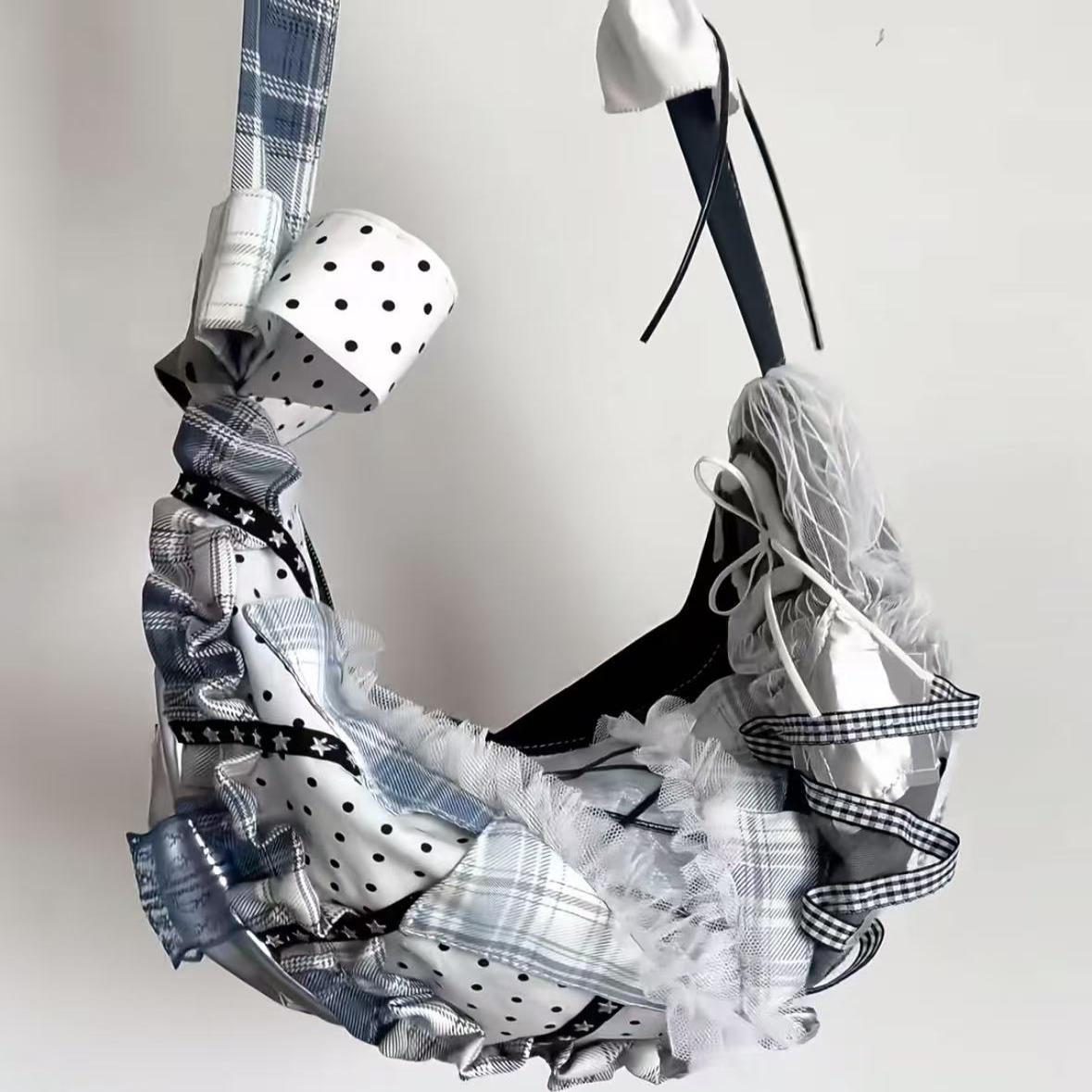 Large Capacity Patchwork Dumpling Lace Polka Dot Canvas Tote Bag for Students, Bow Detail Single Shoulder Crossbody Style Large Capacity Patchwork Dumpling Lace Polka Dot Canvas Tote Bag for Students, Bow Detail Single Shoulder Crossbody Style