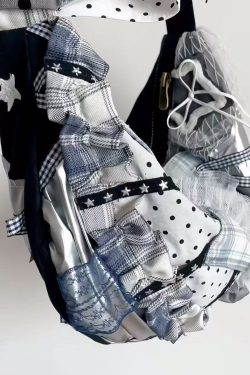 Large Capacity Patchwork Dumpling Lace Polka Dot Canvas Tote Bag for Students, Bow Detail Single Shoulder Crossbody Style