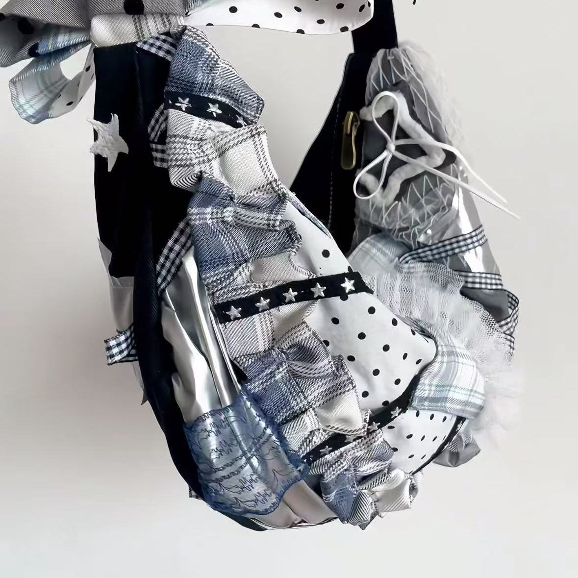 Large Capacity Patchwork Dumpling Lace Polka Dot Canvas Tote Bag for Students, Bow Detail Single Shoulder Crossbody Style Large Capacity Patchwork Dumpling Lace Polka Dot Canvas Tote Bag for Students, Bow Detail Single Shoulder Crossbody Style