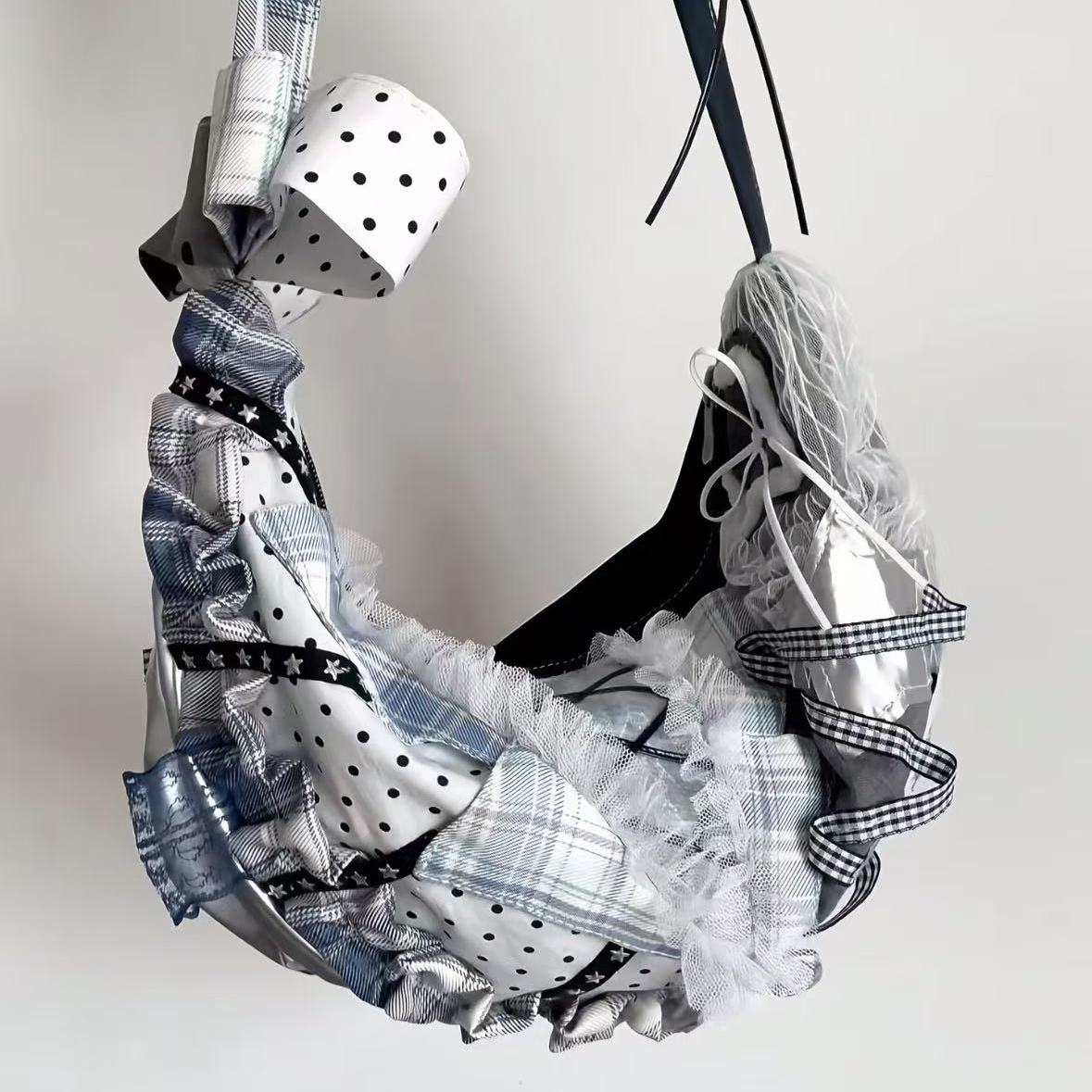 Large Capacity Patchwork Dumpling Lace Polka Dot Canvas Tote Bag for Students, Bow Detail Single Shoulder Crossbody Style Large Capacity Patchwork Dumpling Lace Polka Dot Canvas Tote Bag for Students, Bow Detail Single Shoulder Crossbody Style