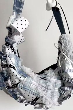 Large Capacity Patchwork Dumpling Lace Polka Dot Canvas Tote Bag for Students, Bow Detail Single Shoulder Crossbody Style