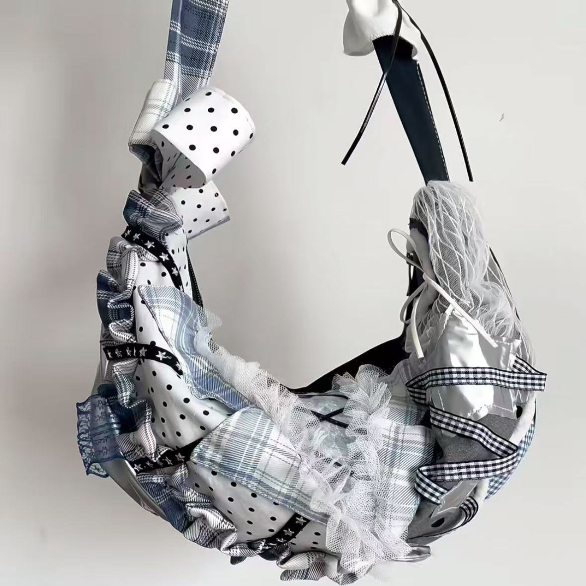 Large Capacity Patchwork Dumpling Lace Polka Dot Canvas Tote Bag for Students, Bow Detail Single Shoulder Crossbody Style Large Capacity Patchwork Dumpling Lace Polka Dot Canvas Tote Bag for Students, Bow Detail Single Shoulder Crossbody Style