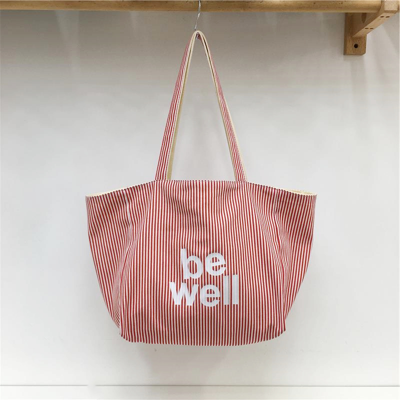 Large Capacity Striped Canvas Shoulder Bag - Double-Sided Fabric, Korean Style Casual Tote for Spring/Summer 2025 Large Capacity Striped Canvas Shoulder Bag - Double-Sided Fabric, Korean Style Casual Tote for Spring/Summer 2025