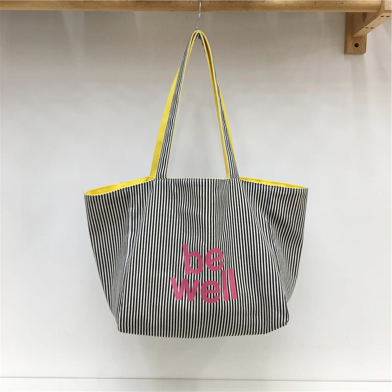 Large Capacity Striped Canvas Shoulder Bag - Double-Sided Fabric, Korean Style Casual Tote for Spring/Summer 2025 Large Capacity Striped Canvas Shoulder Bag - Double-Sided Fabric, Korean Style Casual Tote for Spring/Summer 2025