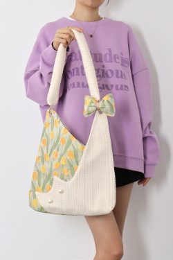 Large Capacity Tulip Cat Tote Bag - Cute Niche Design for Spring, Stylish Shoulder Crossbody Bag