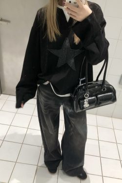 Layered Art Spring American Star Patchwork Fake Two-Piece Long Sleeve Sweatshirt Unisex Loose Fit Versatile Couple Top