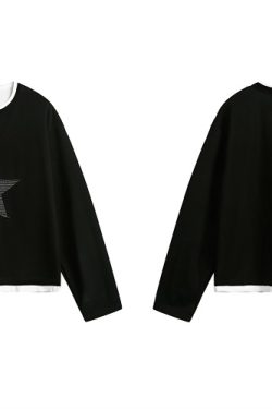 Layered Art Spring American Star Patchwork Fake Two-Piece Long Sleeve Sweatshirt Unisex Loose Fit Versatile Couple Top