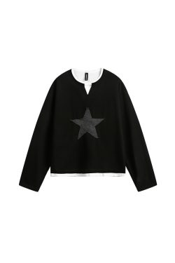 Layered Art Spring American Star Patchwork Fake Two-Piece Long Sleeve Sweatshirt Unisex Loose Fit Versatile Couple Top