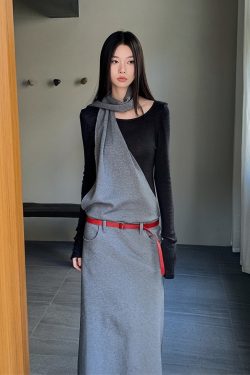 Layered Fake Two-Piece Long Sleeve Halter Dress for Women - Autumn Winter Wasteland Style, Waist-Defined, Boho Chic Fashion