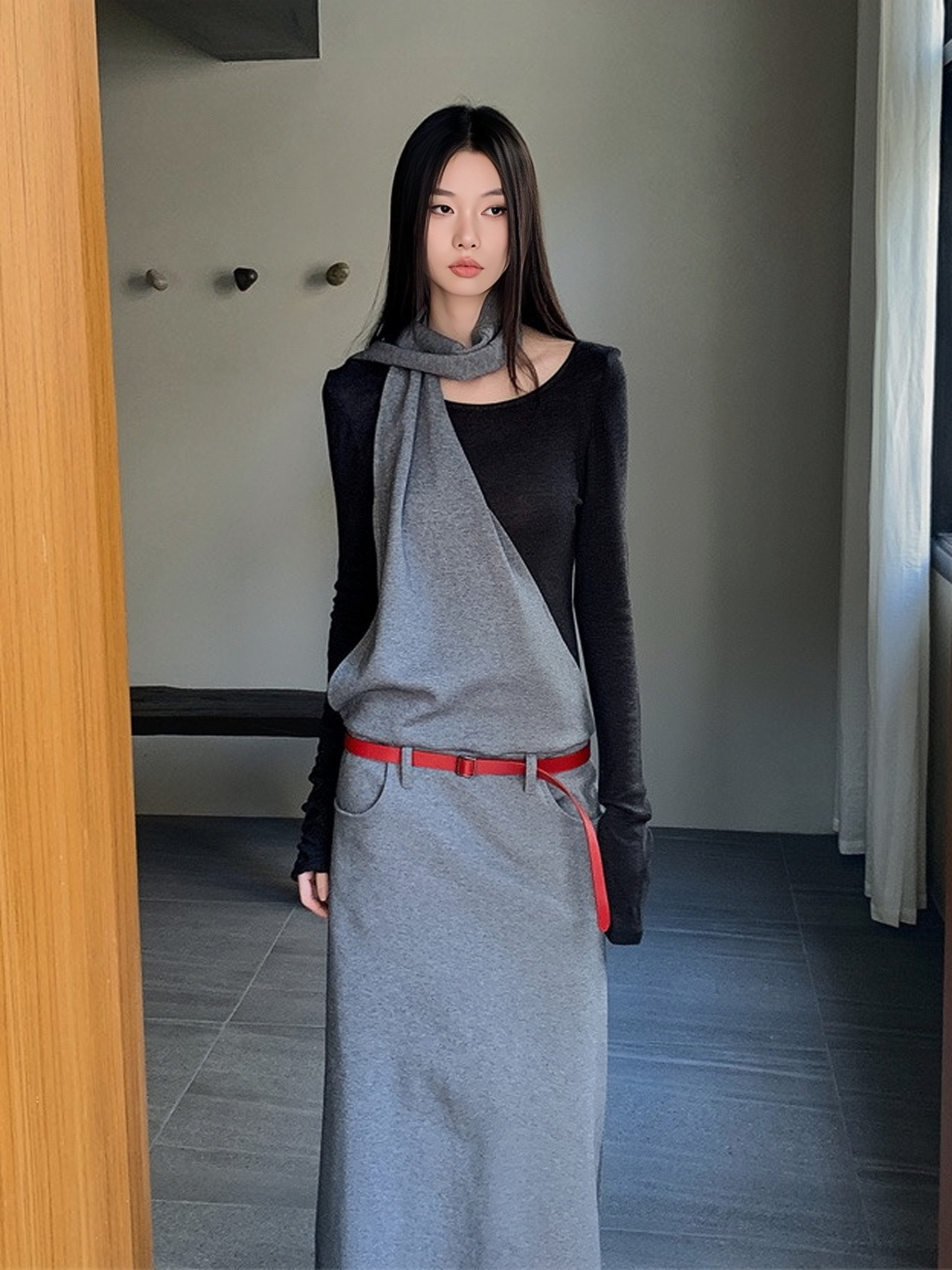 Layered Fake Two-Piece Long Sleeve Halter Dress for Women - Autumn Winter Wasteland Style, Waist-Defined, Boho Chic Fashion Layered Fake Two-Piece Long Sleeve Halter Dress for Women - Autumn Winter Wasteland Style, Waist-Defined, Boho Chic Fashion