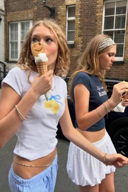 Lemon Bow Tie Printed Short Sleeve Slim Fit Cotton T-Shirt - 25SS South Korea Ins Niche Age-Reducing High-Stretch Y2K Style