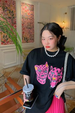 Leopard Head Printed T-Shirt for Women, Short Sleeve, Loose Mid-Length Top, Spring Summer Fashion, Casual Style, Y2K Trend