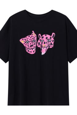 Leopard Head Printed T-Shirt for Women, Short Sleeve, Loose Mid-Length Top, Spring Summer Fashion, Casual Style, Y2K Trend