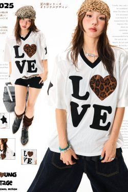 Leopard Print Heart Short Sleeve T-Shirt for Women - Summer Mesh Breathable Jersey, Loose Versatile Top, Y2K Style