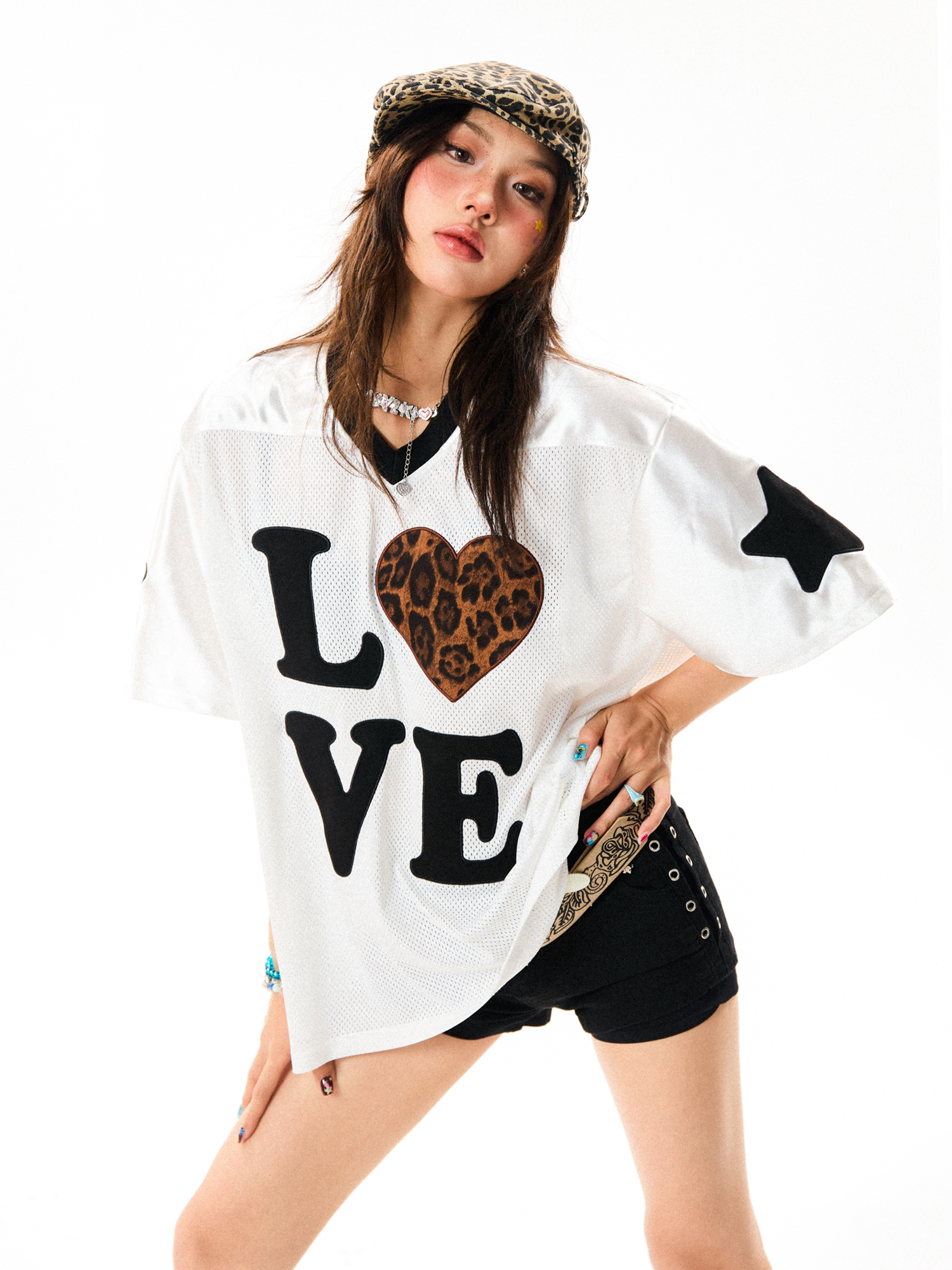 Leopard Print Heart Short Sleeve T-Shirt for Women - Summer Mesh Breathable Jersey, Loose Versatile Top, Y2K Style Leopard Print Heart Short Sleeve T-Shirt for Women - Summer Mesh Breathable Jersey, Loose Versatile Top, Y2K Style