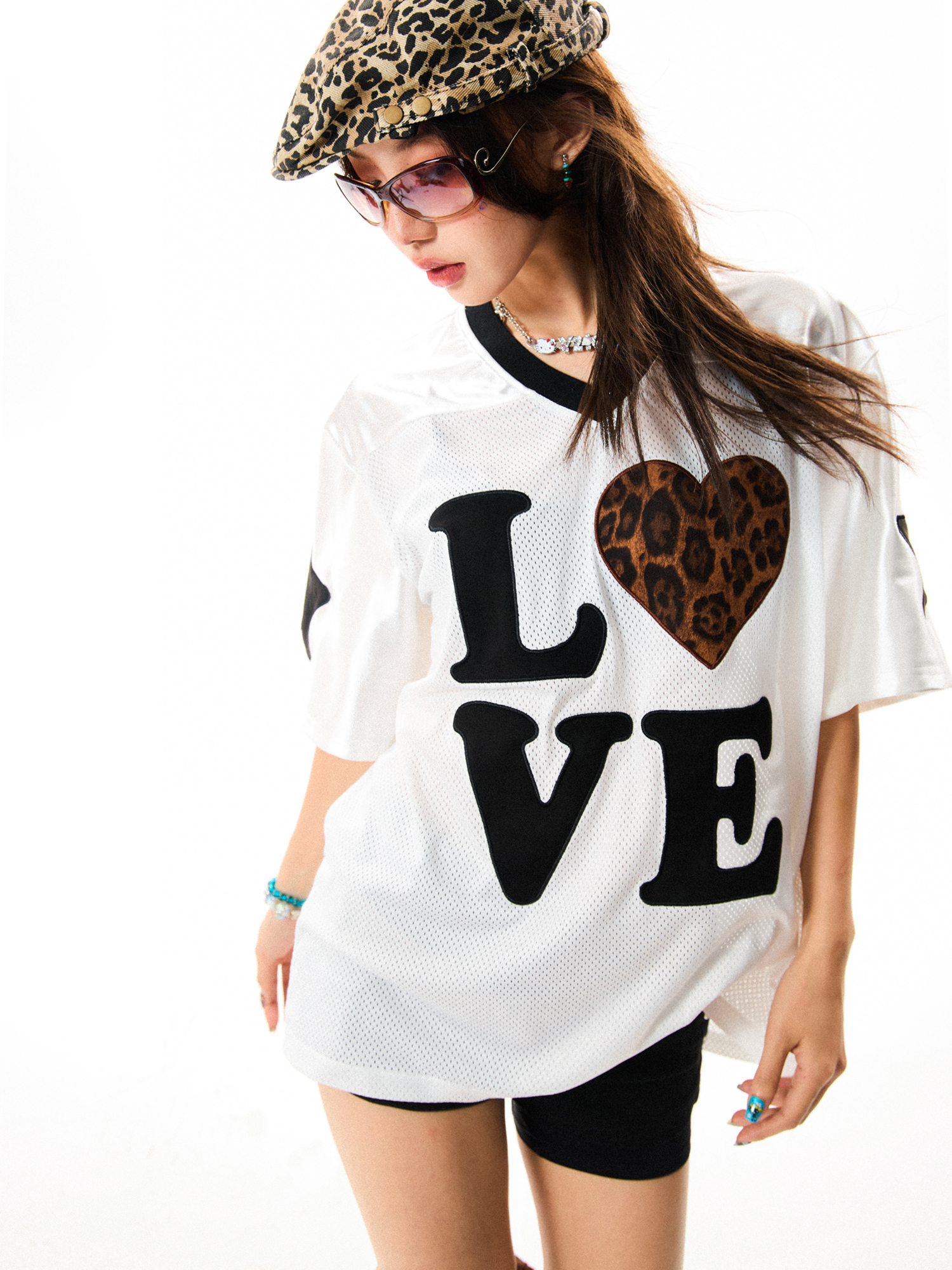 Leopard Print Heart Short Sleeve T-Shirt for Women - Summer Mesh Breathable Jersey, Loose Versatile Top, Y2K Style Leopard Print Heart Short Sleeve T-Shirt for Women - Summer Mesh Breathable Jersey, Loose Versatile Top, Y2K Style