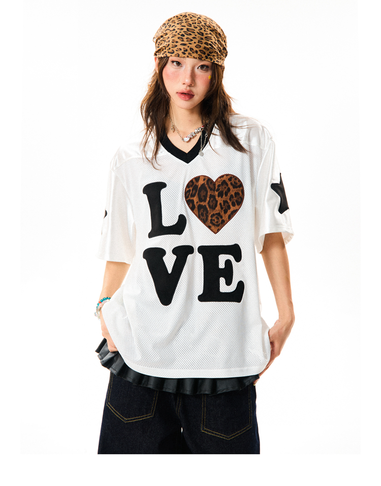 Leopard Print Heart Short Sleeve T-Shirt for Women - Summer Mesh Breathable Jersey, Loose Versatile Top, Y2K Style Leopard Print Heart Short Sleeve T-Shirt for Women - Summer Mesh Breathable Jersey, Loose Versatile Top, Y2K Style