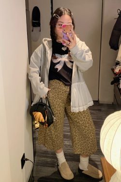 Leopard Print Wide-Leg Jeans for Women - High-Waisted Cropped Pants in Loose Lazy Style, Spring/Summer 2025 Fashion