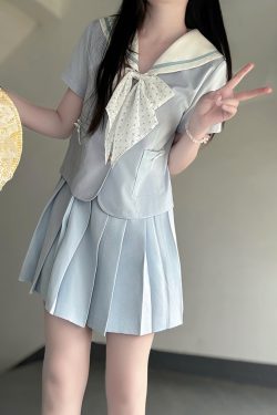 Light Blue College Style Slimming JK Uniform Bow Sailor Suit with Navy Collar and Pudding Bear Design, Y2K Fashion