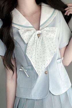 Light Blue College Style Slimming JK Uniform Bow Sailor Suit with Navy Collar and Pudding Bear Design, Y2K Fashion