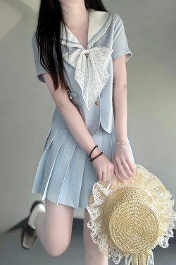 Light Blue College Style Slimming JK Uniform Bow Sailor Suit with Navy Collar and Pudding Bear Design, Y2K Fashion