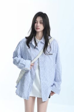 Light Blue Diamond-Patterned Brushed Long Sleeve Shirt for Women - Unique Loose Fit, Chic Casual Style