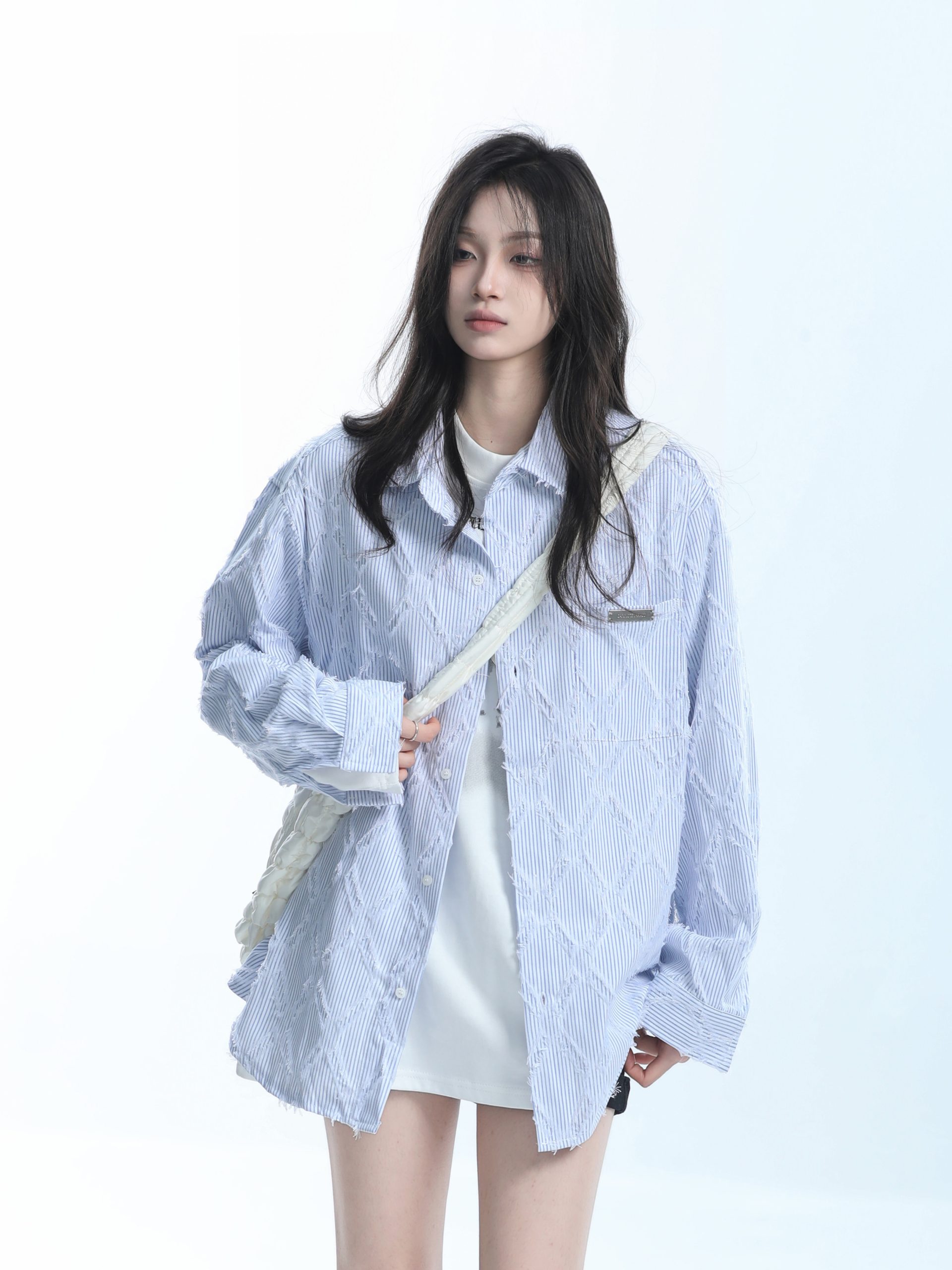 Light Blue Diamond-Patterned Brushed Long Sleeve Shirt for Women - Unique Loose Fit, Chic Casual Style Light Blue Diamond-Patterned Brushed Long Sleeve Shirt for Women - Unique Loose Fit, Chic Casual Style