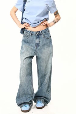 Light Blue Heavyweight Retro Jeans for Men and Women - Loose Straight Wide-Leg Long Pants, Trendy 90s American Style
