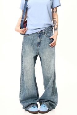 Light Blue Heavyweight Retro Jeans for Men and Women - Loose Straight Wide-Leg Long Pants, Trendy 90s American Style