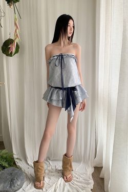 Light Blue Jacquard Striped Color-Blocking Irregular Tube Top Dress - Summer Fashion, Casual Style, Trendy Look