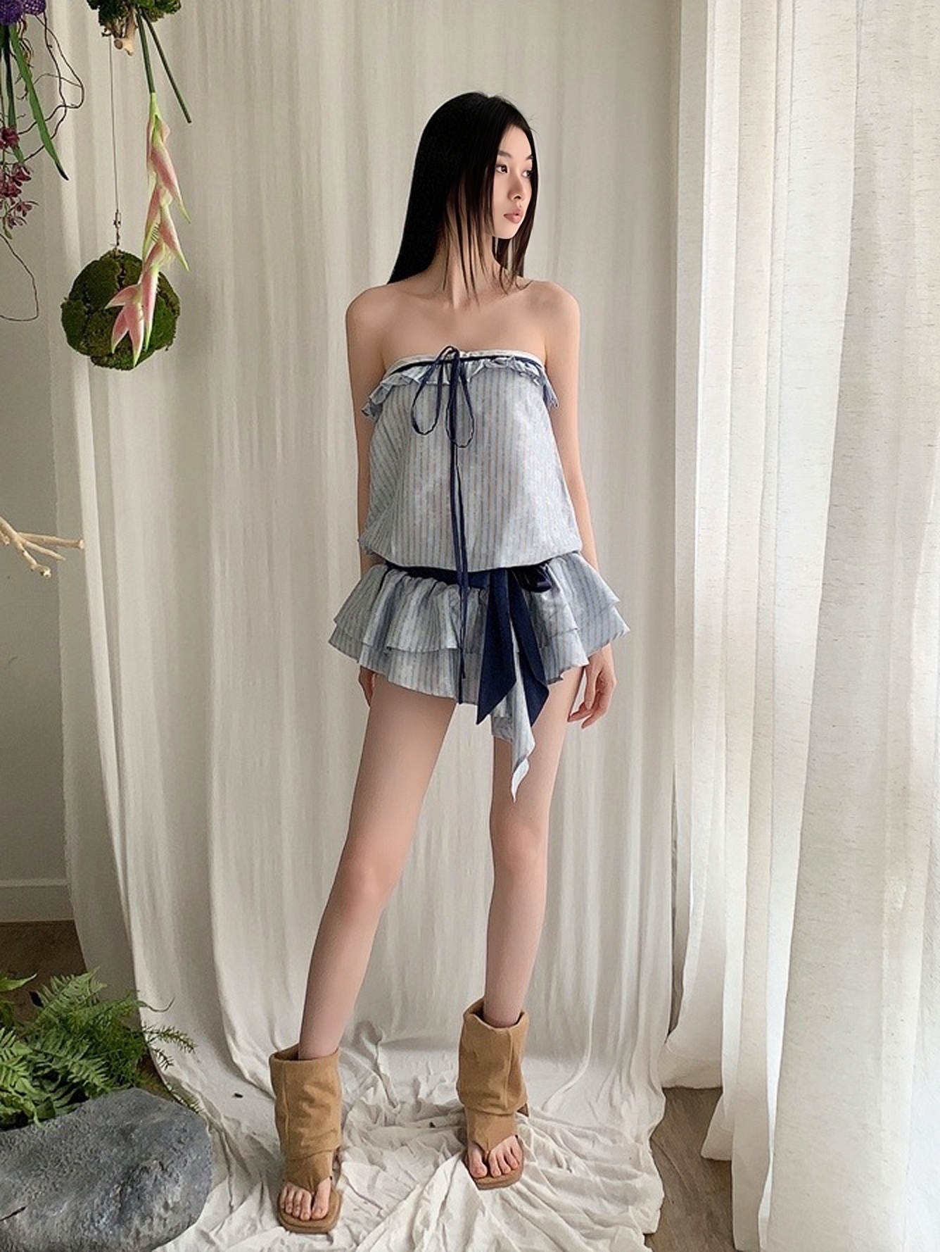 Light Blue Jacquard Striped Color-Blocking Irregular Tube Top Dress - Summer Fashion, Casual Style, Trendy Look Light Blue Jacquard Striped Color-Blocking Irregular Tube Top Dress - Summer Fashion, Casual Style, Trendy Look
