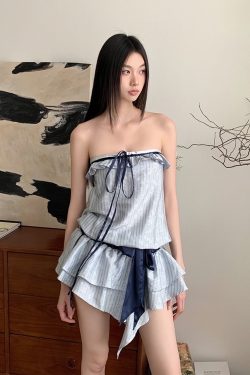 Light Blue Jacquard Striped Color-Blocking Irregular Tube Top Dress - Summer Fashion, Casual Style, Trendy Look